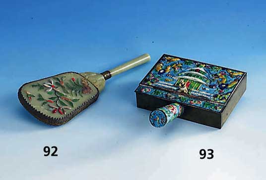 Handspiegel, China 50er Jahre, Nephrit und Halbedelsteine und Glasauflagen (z.T. fehlend, n. stÖrend), Spiegel blind, L. ca. 27 cm