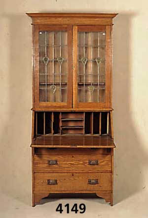 AufsatzklappsekretÄr, England, um 1920, Korpus Weichholz, Eiche massiv, praktische Ablageneinteilung, Oberteil mit Bleiglas- fenster mit grÜnen ...