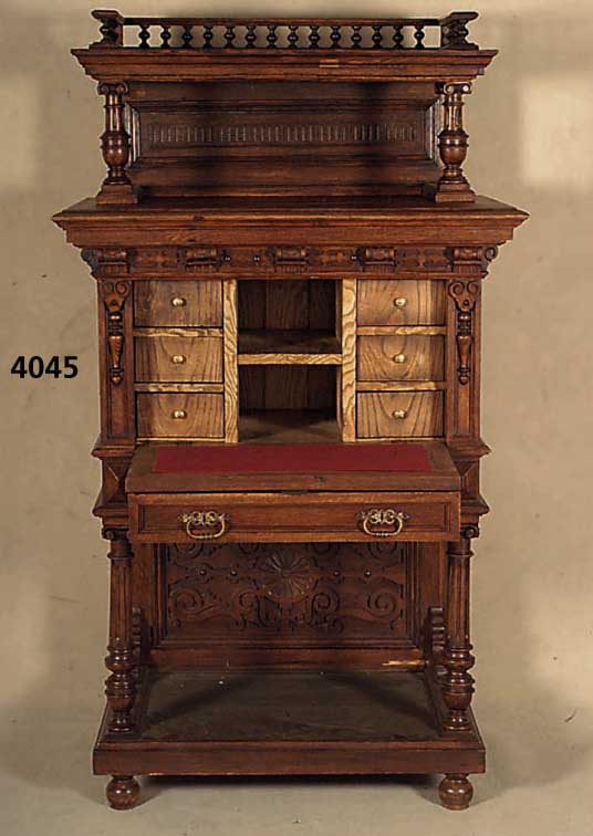 SekretÄr, Niederlande, um 1890/1900, Korpus Eiche bzw. Buche massiv, freistehende SÄulen aus dem Vollholz, reiche Drechselarbeiten, Schublade ...