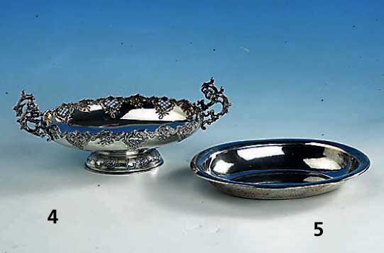 Henkelanbietschale, Berlin zw. 1890/1900, Meistermarke FriedlÄnder, hervorragende Verarbeitung, 800er Silber, außen mit Widmung von 1898, ca. ...