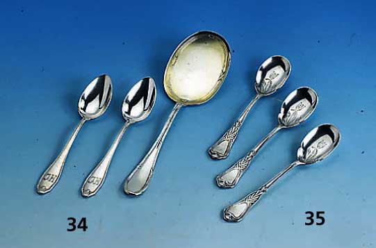 Eisbesteck fÜr 6 Personen, deutsch, Auerhahn um 1900, 800er Silber, graviert, best. aus: 6 EislÖffel und 1 VorlegelÖffel, zus. ca. 190 g