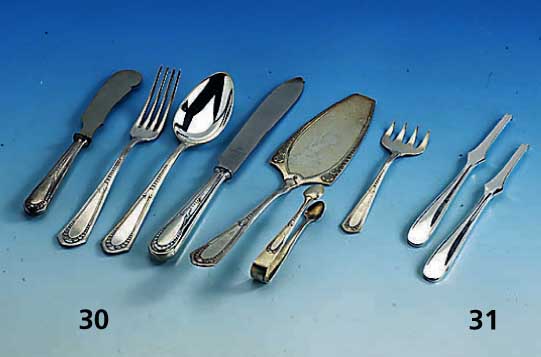 Besteck fÜr 6 Personen, WMF um 1900, Legierung I/O, Jugendstil, best. aus: 6 Messer, 6 Gabeln, 6 LÖffel, Butter- und KÄsemesser, 2 ...