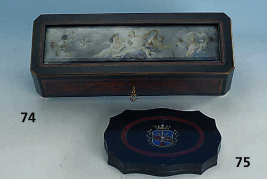 Briefbeschwerer, Italien um 1870/80, Barockstil, schwarzer Kalkstein mit Halbedel- steinen, Einlage aus feinem Glasmosaik ohne ZwischenrÄume, ...