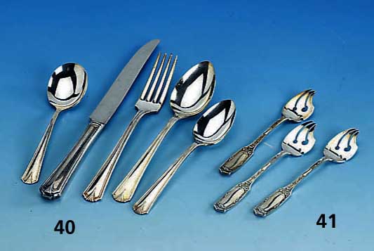 Besteck fÜr 6 Personen, Jugendstil, Silber, Amerika, bestehend aus: 6 MenÜgabeln, 6 MenÜlÖffel, 6 MenÜmesser, 6 KaffeelÖffel und 1 ...