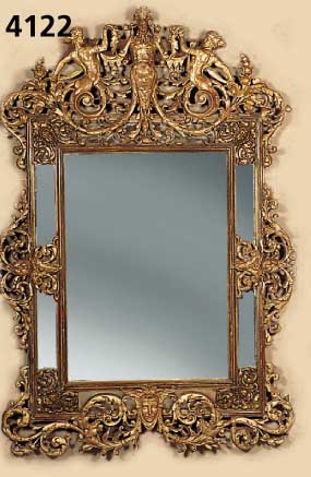 Großer Prunk-Wandspiegel, Barockstil, um 1860/ 80, Holz stuckiert (gefaßt) vergoldet/pati- niert, Umrandung reich verziert, mit allego- rischen ...