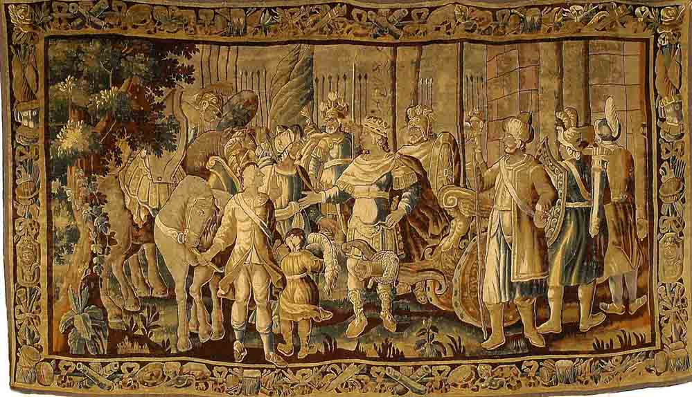 Gobelin, flÄmisch, um 1680, ca. 485 x 270 cm. alte restauration des 18 Jhds.Darstellung wohl nach Alexander dem Grossen in den gestalt en des 17 ...