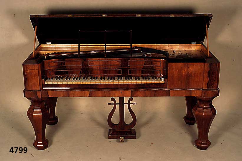 Tischklavier, wohl England, um 1835/40, Korpus Weichholz/Hartholz, ausgesuchtes Pali- sanderfurnier, Hersteller lt. Angaben des Einlieferers Firma ...