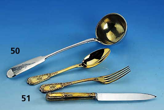 Besteck fÜr 6 Personen, Frankreich um 1900, 925er Silber vergoldet, klassi- zistisch, Meistermarke Cardeilhac, fein punziert und graviert, typ. ...