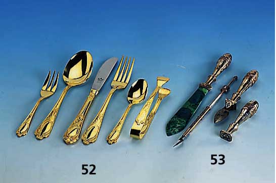 4-teiliges Schreibset, Frankreich, Marseille um 1880/90, 800er Silber, feine Durch- brucharbeit, Elemente altruss. Stils, best. aus: BriefÖffner ...