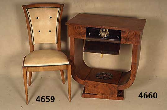 6 StÜhle, Frankreich, um 1952/54, Buche massiv, auf Birke gebeizt, RÜckenlehne und Sitz elegant herausgearbeitet, Kunststoffbezug , grÜn ...