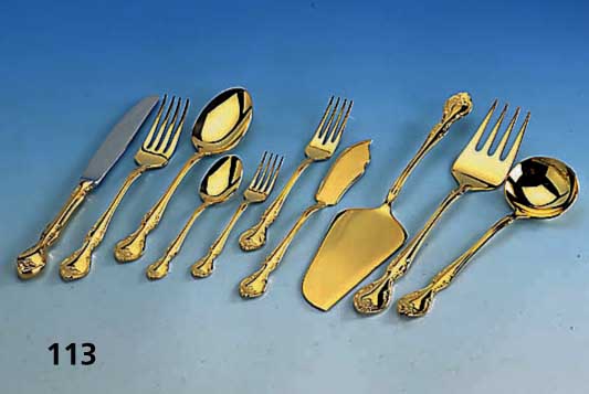 Besteck fÜr 12 Personen, 23/24 kt hartver- goldet, Barockstil, best. aus: 12 Messer, 12 Gabeln, 12 LÖffel, 12 Fischmesser, 12 Fischgabeln, 12 ...
