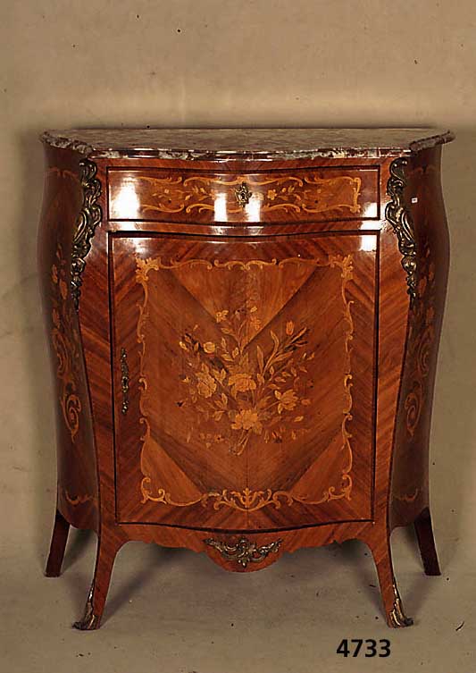 Barockstilschrank, deutsch, um 1880/90, aus verschiedenen ObsthÖlzern, Palisanderfurnier, TÜr und Schubladen gebogen und bombiert, auf Rahmen ...