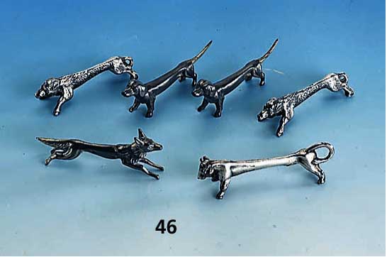 6 MesserbÄnkchen, Frankreich, Metall versilbert, um 1910/25, in Form versch. Tiere: Wildschwein, Dackel und Stier, L. ca. 9 cm, berieben