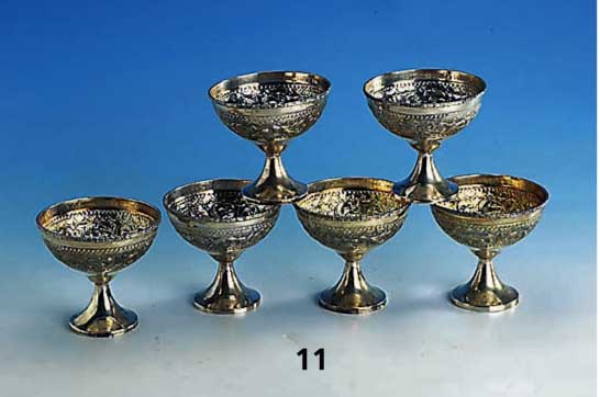 Set 6 Dessertschalen, 925er Silber, Persien 60/70er Jahre, feiner Guß, z. T. Treibarbeit, Roccaillen abstrakt floral, H. ca. 9.5 cm