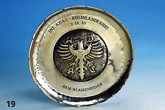 Erinnerungsteller, Int. ADAC-Rheinlandfahrt 2.10.55 dem Klassensieger, 835er Silber, reine Handarbeit, Einzelanfertigung, D ca. 19.5 cm, ca. 255 ...