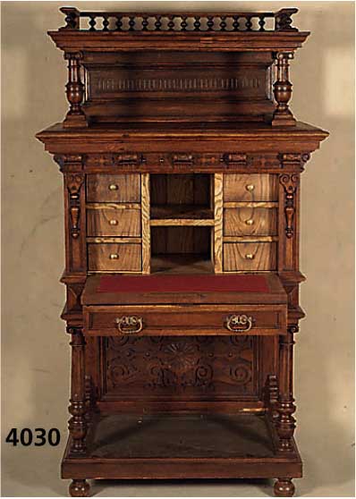 SekretÄr, Niederlande, um 1890/1900, Korpus Eiche bzw. Buche massiv, freistehende SÄulen aus dem Vollholz, reiche Drechselarbeiten, Schublade ...