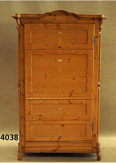 Kleiderschrank, deutsch, um 1840, sogenan- nter Blender, TÜr tÄuscht SchranksekretÄr vor, Kiefer bzw. Zierbelkiefer massiv, Brezel- fÜllung, ...