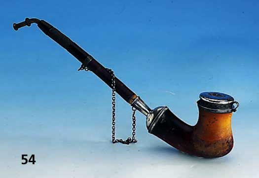 Meerschaumpfeife, um 1830/40, wohl Wien, Silber, Meistermarke unged., Oberteil um 1870, Gebr.-Spuren bzw. verbeult, L. ca. 33 cm