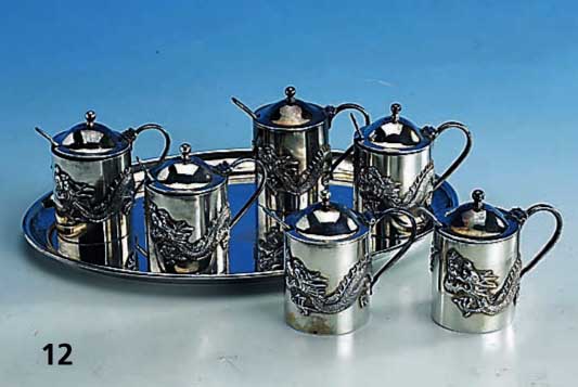 6 SenftÖpfchen mit LÖffelchen, China, Shanghai nach 1900, Silber, GlÜcksdrache erhaben, Meistermarke LH unged. und Einfuhrpunze Niederlande, ...
