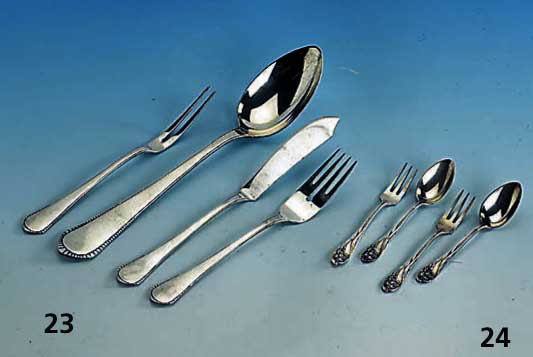 6 MoccalÖffel und 6 kl. Kuchengabeln, Bruckmann & SÖhne, um 1900, reiner Jugendstil, fÜr die Weltausstellung in Paris entworfen, 800er Silber, ...