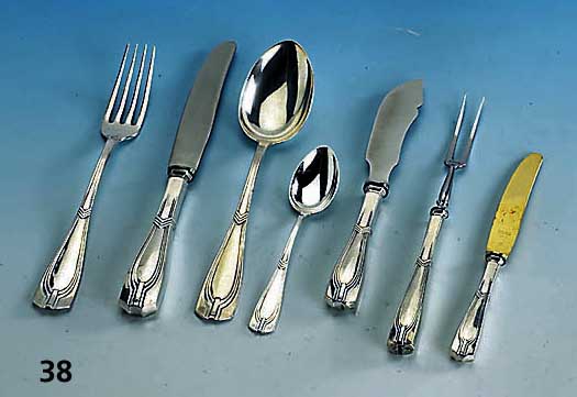 Besteck fÜr 12 Personen, deutsch um 1900, 800er Silber, reiner Jugendstil, Bremer Silberwarenfabrik, best. aus: 11 Messer (Griffe gefÜllt, ...