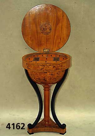 NÄhtisch, nach dem Stil von Wien 1825/30, sogenannte Globusform, mittig SÄule, auf Weichholz gearbeitet, BeinauslÄufer geschwu- ngen, in ...
