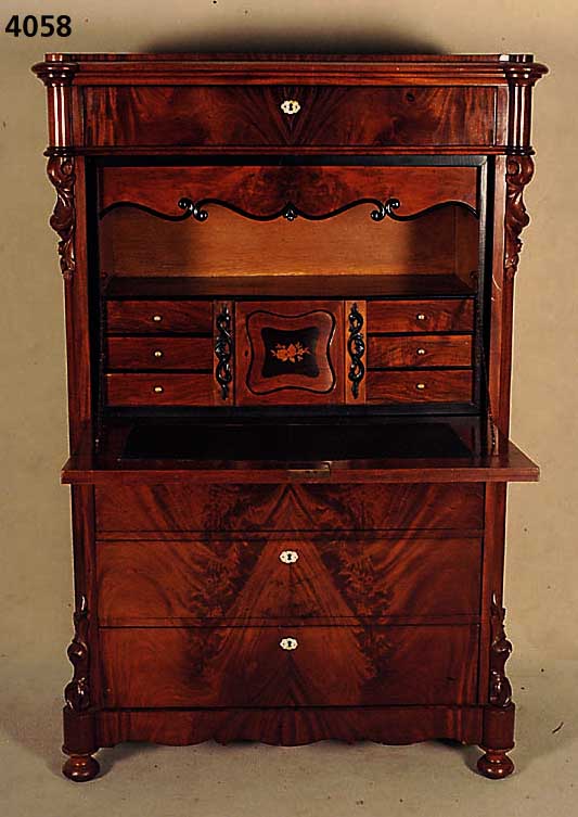 StandsekretÄr, Holland, um 1860, Louis- Philippe, Korpus Weichholz/Hartholz, Mahagoni- furnier gespiegelt, Schreibplatte mit Brezel- fÜllungen, ...
