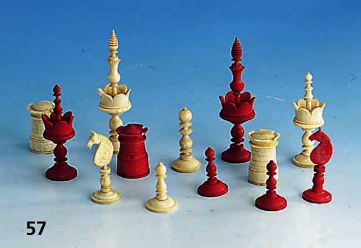 Schachfiguren, deutsch um 1860, Elfenbein, 1 Partie rot eingefÄrbt, Drechselarbeit, Gebr.-Spuren bzw. besch.