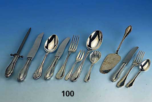 60-teiliges Besteck, deutsch 30er Jahre, 800er Silber, Chippendale-Stil, Meistermarke GR ligiert, best. aus: 6 Menuegabeln, 6 Menuemesser, 6 ...