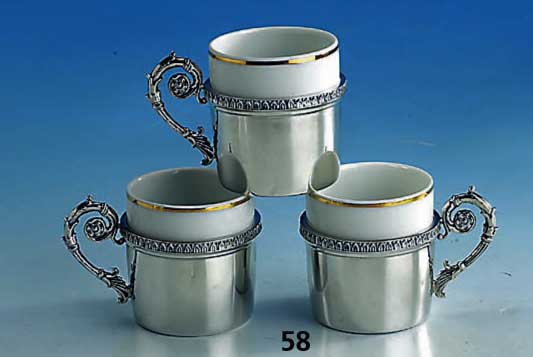 6 Moccatassen, Italien, 50er Jahre, 925er Silber, PorzellaneinsÄtze mit Goldrand, H ca. 6 cm
