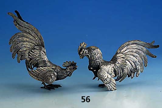 Tischdekoration 2 HÄhne, Silber gepr., Hanau um 1900, vollplastische Darst. H ca. 13 cm, zus. ca. 540 g, Handarbeit