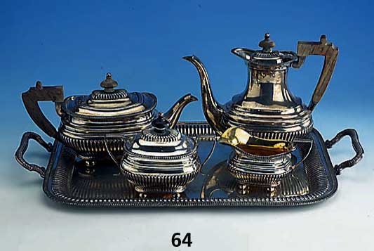 Kaffee- & Teeservice auf Tablett, 800er Silber, 60er Jahre, best. aus: Kaffee- kanne, H. ca. 23 cm, Holzgriffe, Deckel mit Klappscharnier, ...