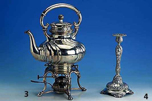 Teekanne auf StÖvchen, 800er Silber, deutsch, Berlin um 1900, KÖrner & Proll, Griffe und Deckel mit DÄmmringen, gebaucht, H. ca. 36, Griff mit ...