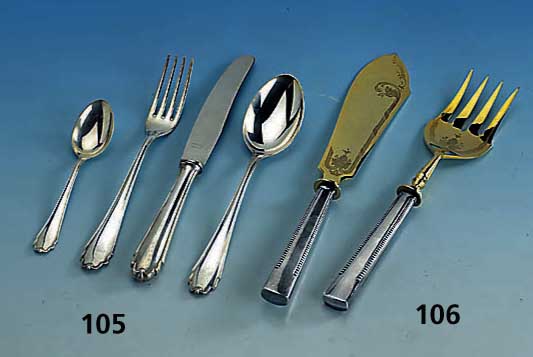 Besteck fÜr 6 Personen, 800er Silber, Bruckmann, 30er Jahre, best. aus: 6 Messer (Griffe gefÜllt, Klingen Stahl), 6 Gabeln, 6 LÖffel und 6 ...