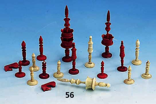 Schachfiguren, deutsch um 1840/50, Bein, z.T. Rot gefÄrbt, einige Figuren fehlen, einige besch., sammelw., i. d. Lit. verz.