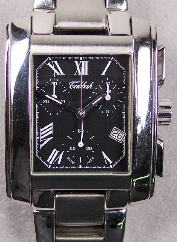 TABBAH Armbandchronograph, Schweiz um 1999, Edelst.-Geh. teilw. sat. incl. Gliederbd. m. Sicherheitsfaltschl., bomb. Saphirgl., Boden 4 -fach ...