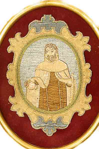 Seidenstickerei, um 1700, ca. 24 x 18 cm (oval), SchÄtzwert: 900.- EURO, Prophet Elias als Karmeliter, EHZ: 2-3, im Rahmen