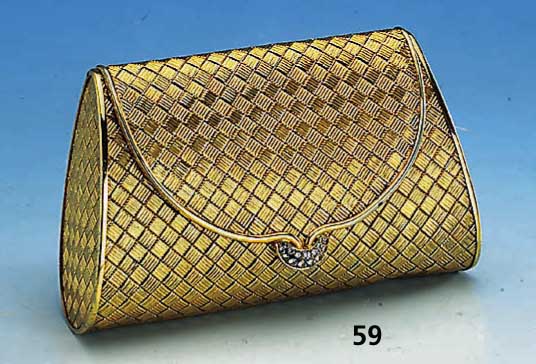 Abendtasche, 935er Silber verg., Verschluß mit klarem Straßbesatz, total ca. 289.3 g, Innenspiegel z. T. blind, Vergoldung z. T. l. berieben, ...