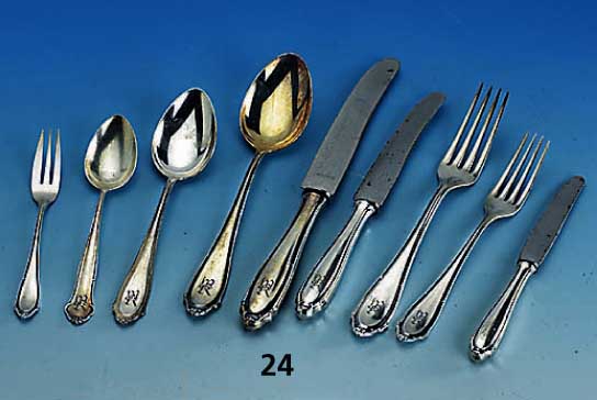 114-teiliges Besteck, BSF, 800er Silber, 30er Jahre, Bes.-Monogr. MK, best. aus: 6 Messer (Griffe gefÜllt, Klingen Stahl), 6 Gabeln, 4 LÖffel, ...