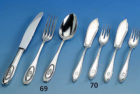 Fischbesteck: 6 Messer und 5 Gabeln, deutsch, um 1910, BSF, 800er Silber, Bes.-Monogr. C., zus. ca. 520 g
