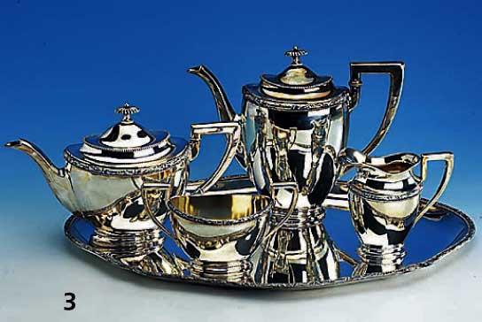 Kaffeekanne, Teekanne, Sahnegießer und Zuckerschale auf Tablett, 835er Silber, z.T. innenvergoldet, 30er Jahre, W. Binder SchwÄbisch-GmÜnd, ...