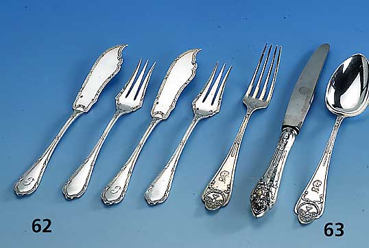 Besteck fÜr 6 Personen, deutsch wohl Hanau, um 1900, 800er Silber, bestehend aus Messer, LÖffel und Gabeln, klassizistisch mit Jugend- ...