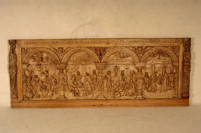 Front einer Truhe, mittel- bzw. norddeutsch, datiert 1574, Darstellung der 4 bedeutenden Stationen des jungen Christus, feine Schnitzerei, Eiche ...