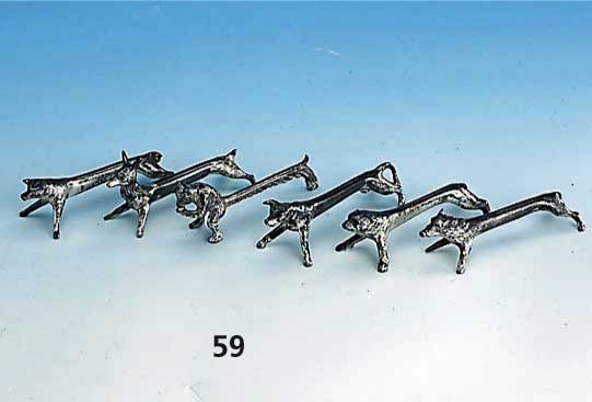 6 MesserbÄnkchen, Metall versilbert, in Form von versch. Tieren: EichhÖrnchen, Schwein, Fuchs, Wildschwein, Stier und Wolf, L. ca. 9-10 cm