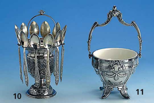 Kaviarschale mit 12 LÖffel, um 1900, 800er Silber, Fuß gefÜllt, total ca. 600 g, reicher floraler Dekor, ohne Glaseinsatz, H ca. 22 cm, ...