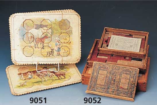 Konvolut Puzzlespiele, um 1880, wohl Scholz- Verlag, Mainz, 6 Puzzle, davon 5 komplett mit jeweils 9 Teilen, bei einem ein Teil fehlend, altersbed. ...