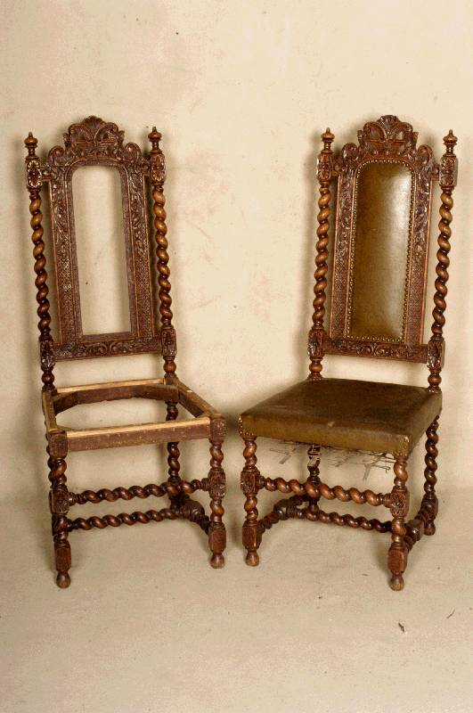 2 StÜhle, deutsch, um 1860, FrÜhbarockstil, Eiche massiv, reiche Drechselarbeit, abstrakt florale Verzierung, SÄulen im gedrechselten Zopfstil, ...