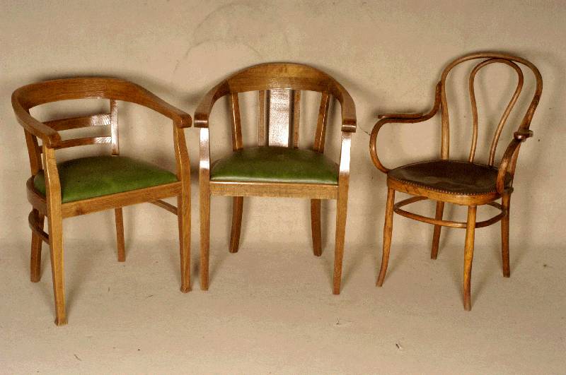 3 SchreibtischstÜhle, deutsch, um 1910, Jugendstil, Eiche massiv, RÜcken versprosst, 2 Teile passend, 1 Teil in der Form abweichend , grÜner ...