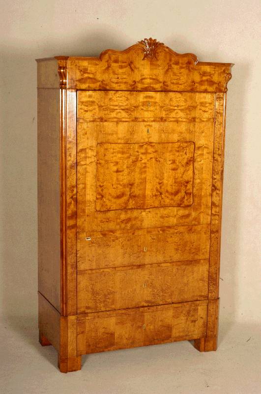 Schrank, deutsch, um 1860, Korpus Weichholz, Birkefurnier, Louis-Philippe-Stil, seitlich abgeplattet, 1-tÜrig, sogenannter Blender, poliert, ...