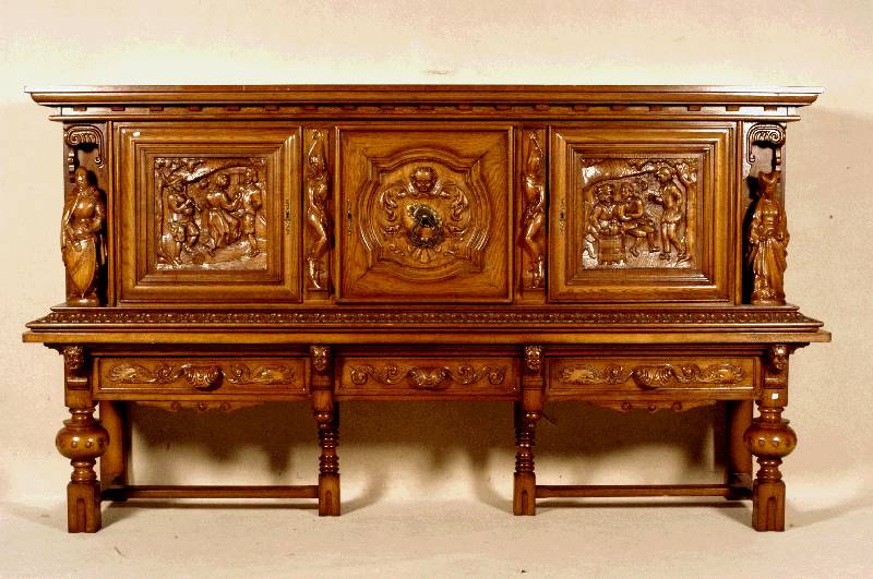 Sideboard, deutsch, 60/70er Jahre, StilmÖbel, Eiche massiv, Eichefurnier, dreitÜriges Oberteil mit reichhaltiger Schnitzerei, ...